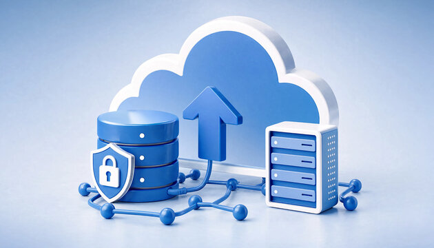 3D rendered illustration of cloud computing network storage with data security and server upload symbols transparent background