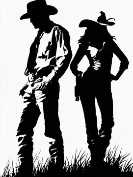 black and white silhouette cowboy and cowgirl couple standing in high grass wild west western style theme retro vintage poster graphic illustration art isolated on white background