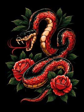 dangerous snake venom viper coiling around red blooming roses traditional tattoo art style graphic dark background  illustration fierce serpent with fangs open mouth artwork design