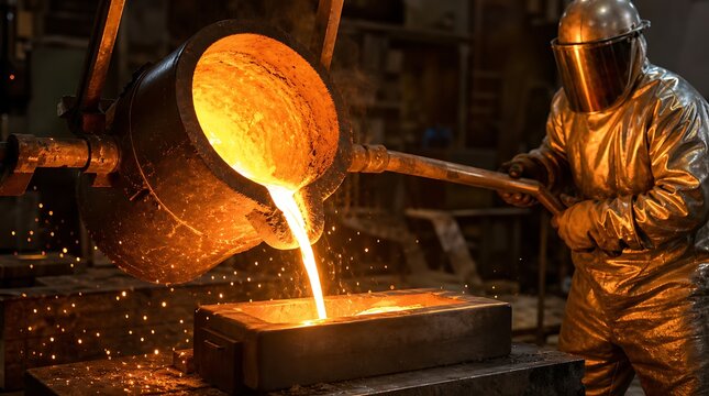 Molten gold liquid being poured into ingot mold in foundry for precious metal casting concept