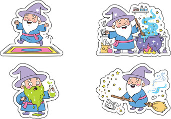 Fototapeta premium Cute Old Wizard Cartoon Sticker Vector Set with Playful Sorcerer Characters Brewing Potion Flying Broomstick and Magic Carpet Doodles