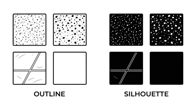 Outline and Silhouette Graphic Styles: A collection of four squares, two labeled OUTLINE and two labeled SILHOUETTE, illustrating different graphic design styles with varying textures and patterns.