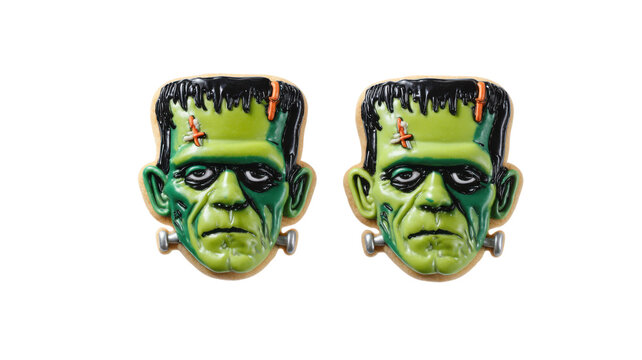 Frankenstein face cookies with green skin and black hair