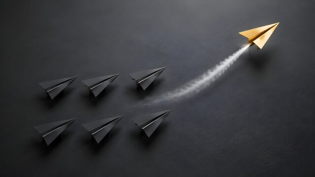 3D rendered golden metal paper airplane soaring upward with smoke trail breaking away from black airplanes symbolizing visionary business innovation