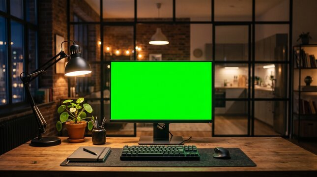 Computer Monitor with Green Screen Mockup on Wooden Desk at Night