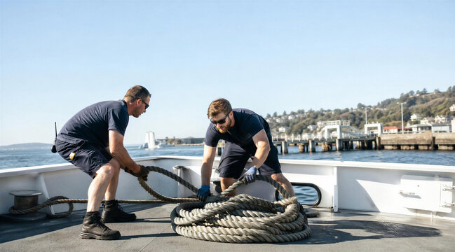 Two Sailors Handling Mooring Rope on Ferry Deck