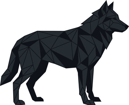 Low poly black wolf illustration standing in profile on a white background