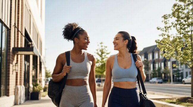Two Women Walking to Gym Together in Activewear Outdoors