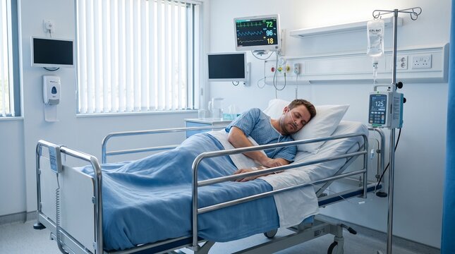 Male Patient Resting in Hospital Bed with Oxygen Cannula and IV Drip