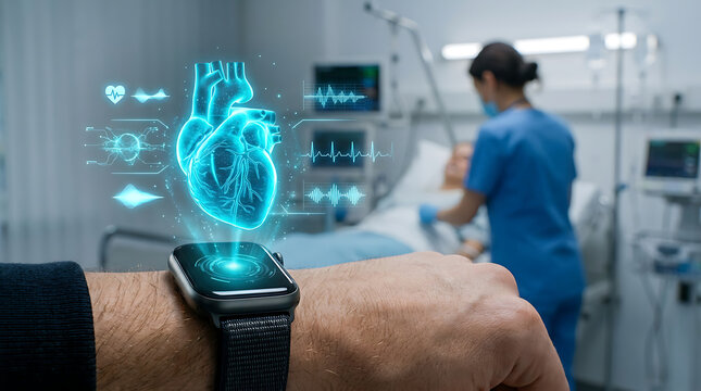 Futuristic smartwatch heart hologram, digital health monitoring technology, medical wearable device tracking patient vitals in hospital