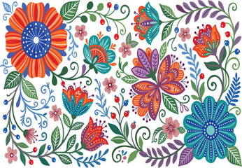 Fototapeta premium Colorful folk art floral pattern, vibrant flowers and leaves background, decorative vector illustration