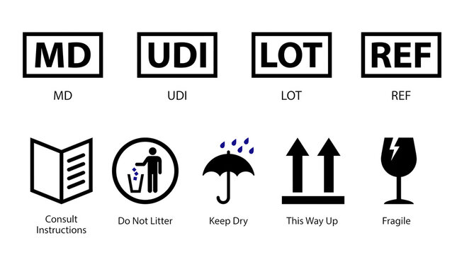 Medical Device Symbol Vector PNG Icon Set with UDI Lot Reference and Packaging Handling Marks