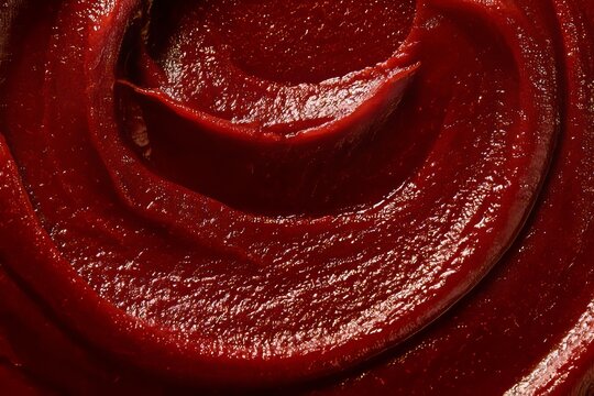 Red sauce swirls in a close-up view showing texture and shine from the surface