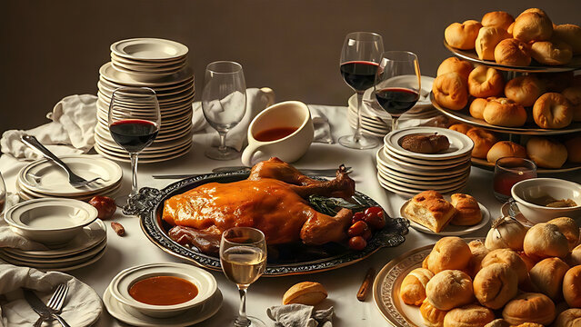 Wide still-life of overloaded banquet table after long meal, torn roast, stacked plates, scattered bread, tipped wine glasses and pastries, gluttony mood