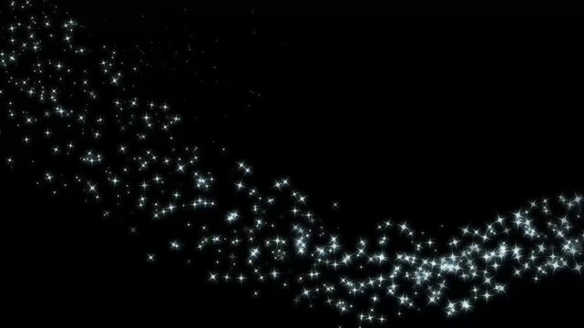 Glitter line transition animation with twinkle sparkle stars, cartoon doodle sparkles, fairy dust glitter trail, glowing star particles and cinematic magic effects on black screen 4k