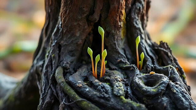 New green sprouts emerging from a decaying tree trunk, symbolizing renewal.