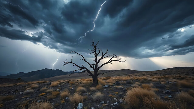 A single lightning-struck dead tree on a barren hill under dramatic storm clouds.