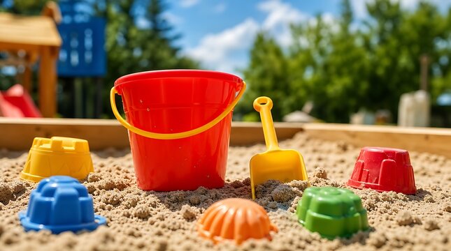 Red plastic bucket and yellow shovel in sandbox for outdoor playground kids activity concept