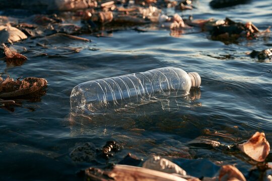 Plastic bottle floating in water near shoreline with various debris visible on surface