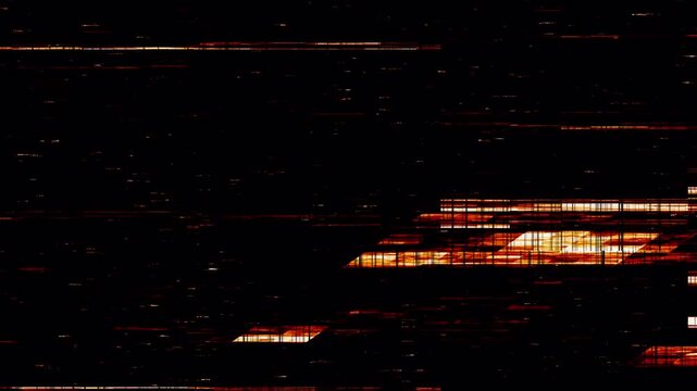 Red Orange Digital Glitch with Horizontal Scanlines, Fragmented Bars and Electronic Noise on Dark Background. Horizontal Glitch Interference with Fiery Orange Scanlines