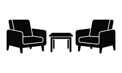 Obraz premium Black silhouette of two armchairs and a small square table on a white background