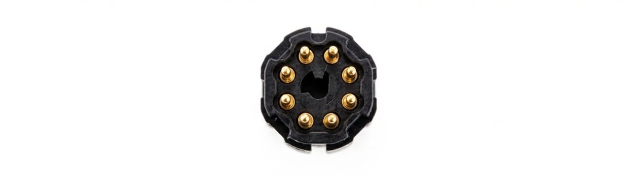 M12 circular sensor connector pin array. Molded black polymer insert with eight gold-plated wire pins for industrial machine vision hardware. Isolated.