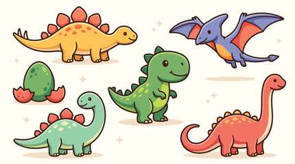 Collection of cute cartoon dinosaur characters including stegosaurus pterodactyl and tyrannosaurus rex on white background. © Caroline Studio