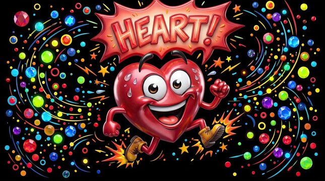 Heart Pumping with Joy: A vibrant, anthropomorphic heart with a wide smile and determined expression is depicted in mid-stride.