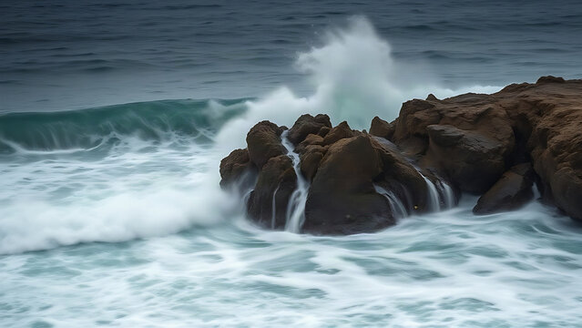 Ocean waves crashing against coastal rocks with long exposure motion.