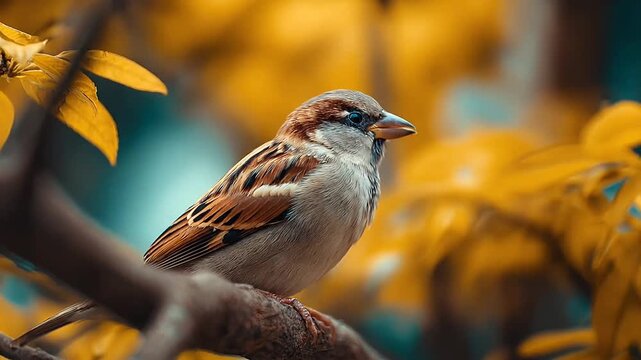 Sparrow perched among vibrant yellow autumn leaves.