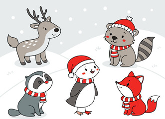 Naklejka premium Cute forest animals collection featuring deer raccoon penguin and fox in winter snow scenery