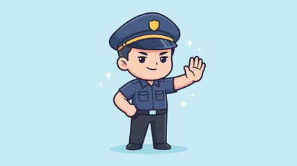 Cute Cartoon Police Officer Character Making Stop Hand Gesture.