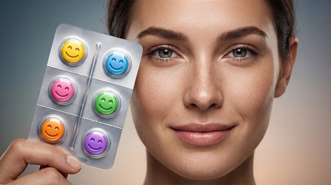 Happy Pills: A close-up shot of a woman holding a blister pack of colorful pills, each with a smiling face, symbolizing happiness and well-being.