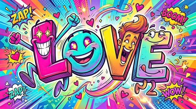 Vibrant LOVE Illustration: A lively and colorful cartoon illustration spells out the word LOVE with expressive, animated characters, radiating joy and positive energy.