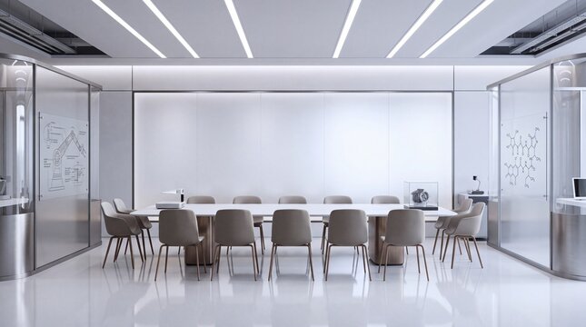 Modern Futuristic Conference Boardroom with Large Meeting Table