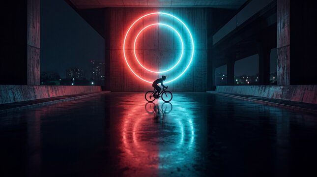 Cyclist Riding at Night with Futuristic Neon Light Circles