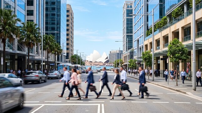 Business People Commuting Across Street in Downtown Sydney