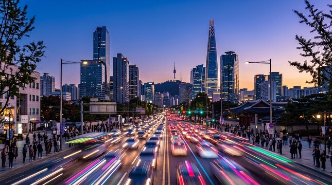 Seoul City Skyline and Busy Traffic at Twilight