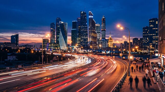 Modern City Skyline and Highway Light Trails at Twilight