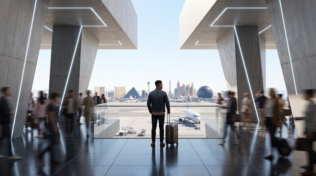 Traveler with Suitcase Looking at Las Vegas Skyline in Airport Terminal
