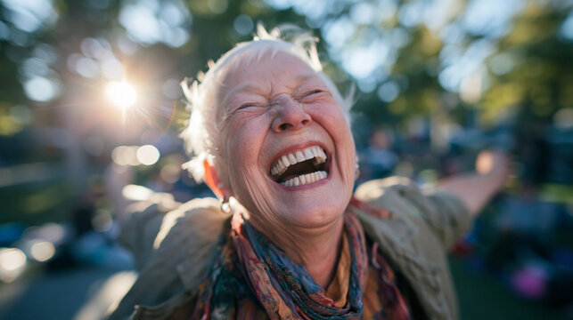 Joyful Senior Woman Laughing with Arms Outstretched Outdoors