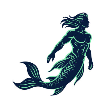Mythical merman mascot vector, muscular male mermaid swimming, dark blue aquatic creature with glowing green outline isolated on White Background silhouette