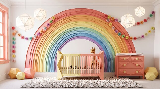Modern Pastel Baby Nursery with Rainbow Wall Art and Crib