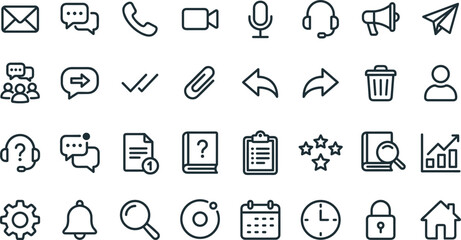 Fototapeta premium Customer Support and Business Communication Line Icon Set Featuring Message, Contact, Help, Feedback, and Website Interface Symbols for Digital Marketing Apps