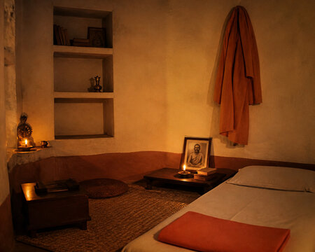 An Indian ashram room with an orange robe on the wall, lit by candlelight.