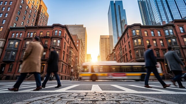 Business People Commuting Across Urban Crosswalk at Sunset