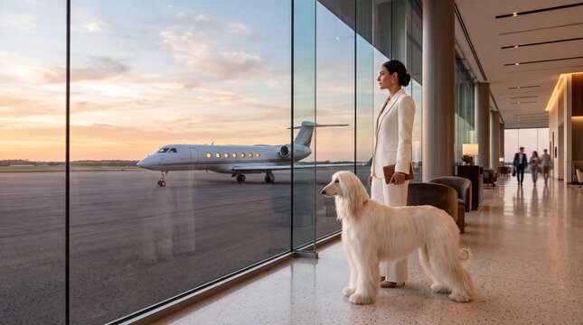 Elegant Businesswoman with Dog at Private Jet Airport Terminal