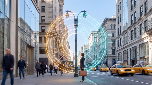Businesswoman on City Street with Futuristic Digital Interface Concept