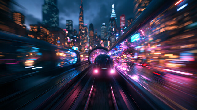 Futuristic High Speed Train Traveling in Night City Tube