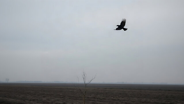Black crow flying over empty plowed field under overcast sky, omen and augury concept